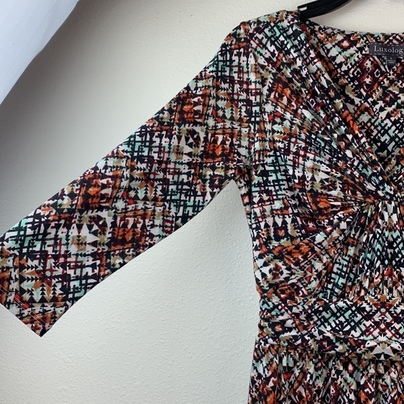 Luxology V neck cummerbund waist soft jersey knit printed maxi dress long sleeve - Picture 4 of 11